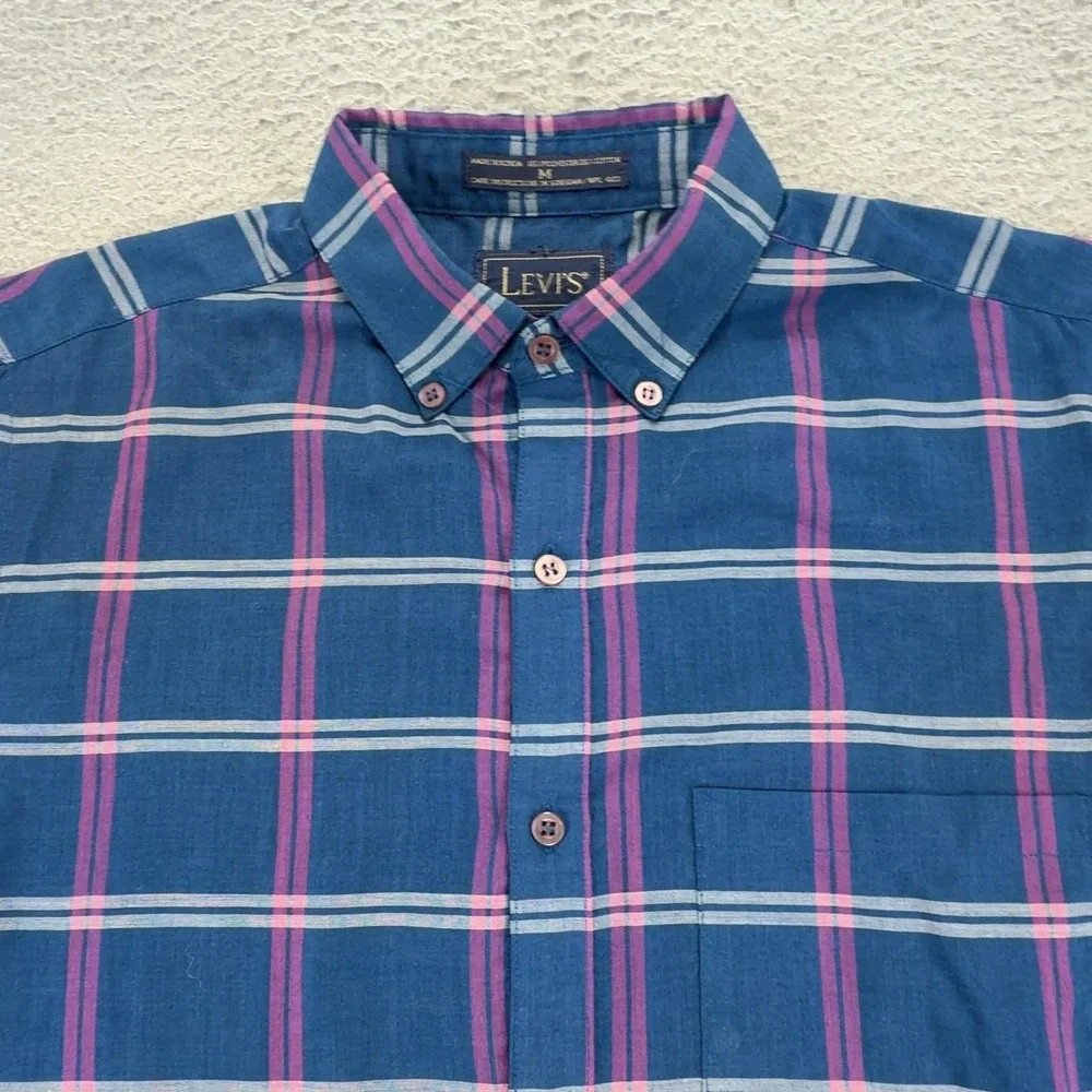Levis Mens Medium Blue Pink Plaid Long Sleeve Button Down Shirt Cotton Blend